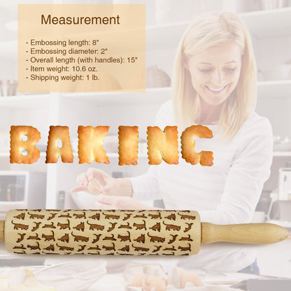 Embossed Rolling Pin for Baking Cookies Embossing Rolling Pins with Design Wooden Engraved Springerle Roller Pin Dough Animal Patterned Clay Pottery Ceramic Stamp Mold Gifts Bakers Women Kids (Cat)