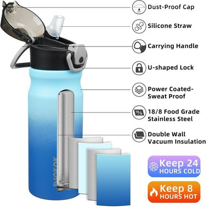 BJPKPK Insulated Water Bottle - 18oz Stainless Steel Flask with Straw, Leak-Proof Lid & Carry Handle | Sky