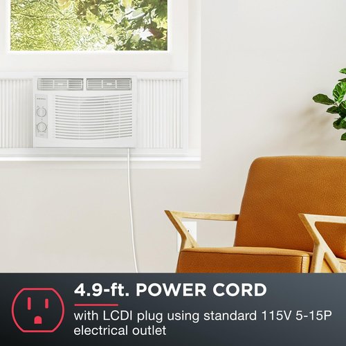 Amana 5,000 BTU Window Air Conditioner, 115V, Cools up to 150 Sq.Ft. for Bedroom, Living Room, Apartment, with Mechanical Controls, Dehumidifier, Washable Filter, 2 Fan Speeds, Auto-Restart, White