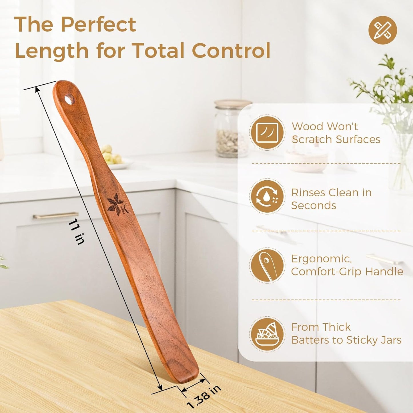 Skiennix Spurtle Set - 2 Pack Danish Dough Whisk & Jar Spatula - Solid Teak Wood Kitchen Utensils