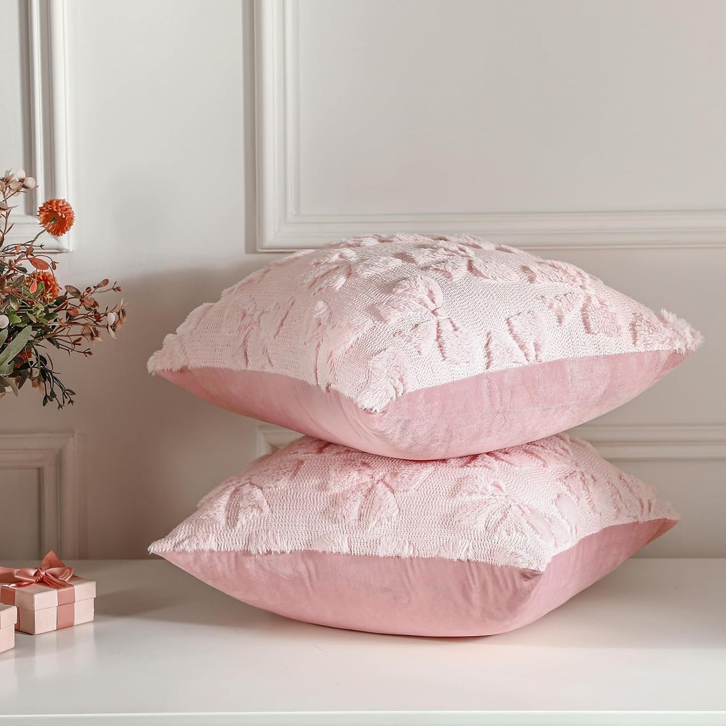 Mixweer Pink Bow Pillow Covers - Set of 2 Soft Faux Fur Decorative Aesthetic Pillowcases | 18 x 18 Inch