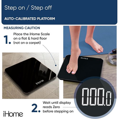 iHome Digital Bathroom Scale - Accurate Body Weight Measurement | Batteries Included, Sleek Black Design