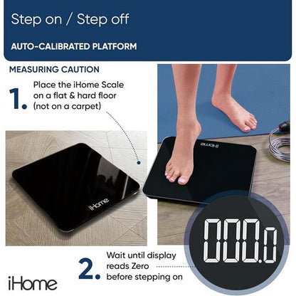 iHome Digital Bathroom Scale - Accurate Body Weight Measurement | Batteries Included, Sleek Black Design