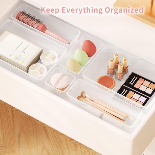 25 PCS Plastic Drawer Organizer Set - Clear Non-Slip Storage Bins for Makeup, Jewelry & Office | Versatile 4-Size Trays