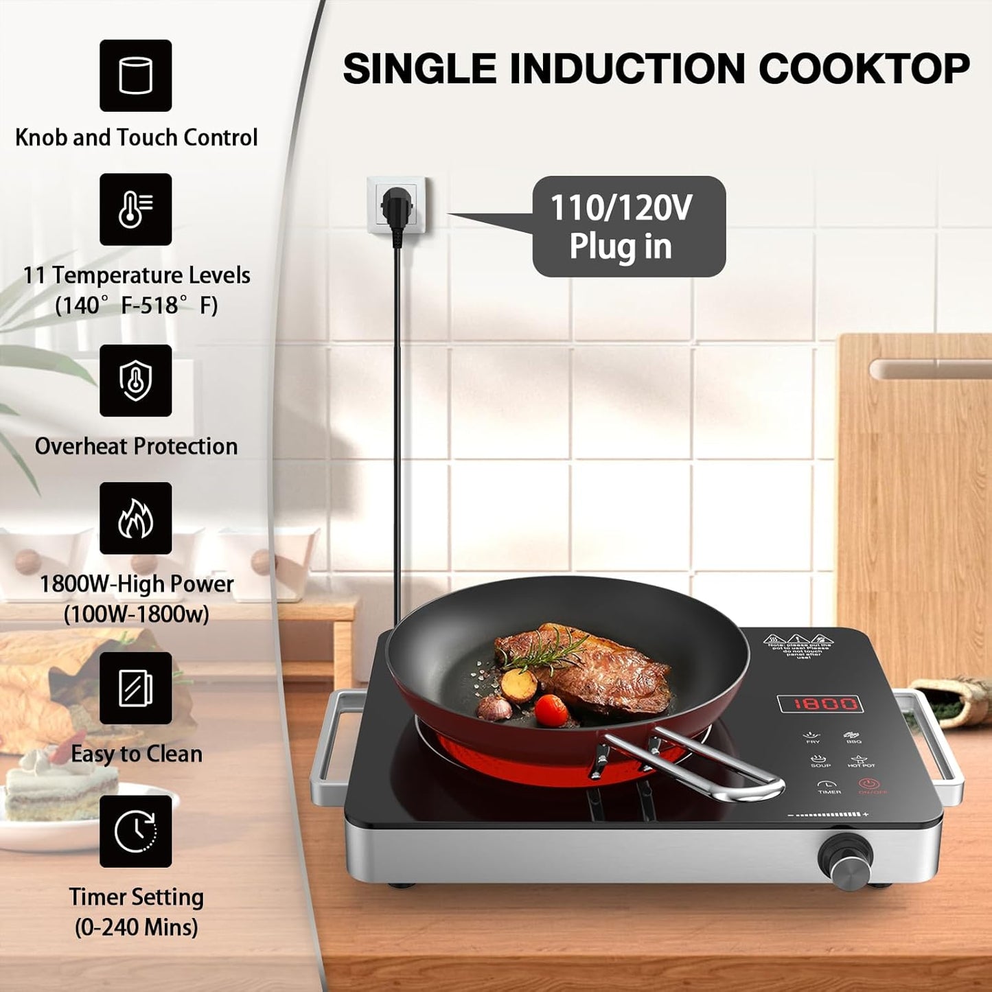 Nafewin Portable Electric Cooktop - 1800W Infrared Single Burner with Knob Control & 4-Hour Timer