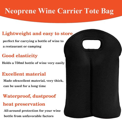 2 Bottle Wine Carrier Tote Bag for 750ML Wine Bottles, Neoprene Wine Bottle Travel Protector Bags, Reusable Insulated Wine Bag Tote Gift Bags for Travel/Restaurant/Party/Beach/Christmas, Black&blue