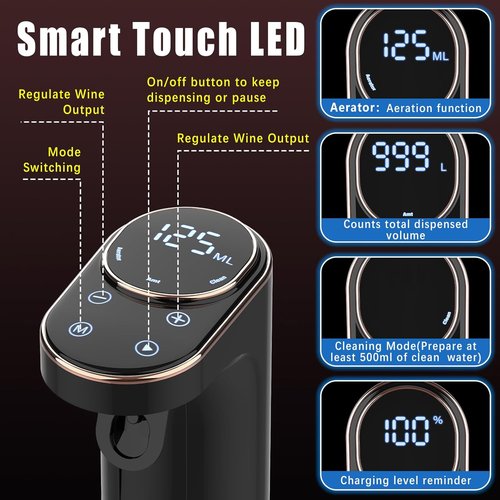 Electric Wine Aerator, Rechargeable Wine Dispenser & Decanter, 1-999ML Quantitative Pour, Self-Clean & LED Touch Screen, Automatic Wine Pourer Ideal Gift for Wine Lovers Women and Men