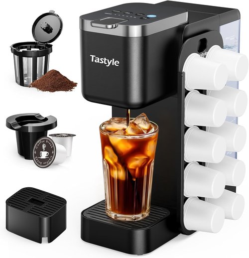 Hot & Iced Coffee Maker - Magnetic K-Pod Organizer, 40oz Removable Tank, Brews 4-5 Cups, Black