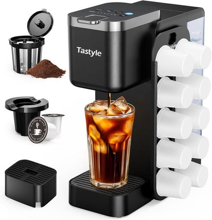 Hot & Iced Coffee Maker - Magnetic K-Pod Organizer, 40oz Removable Tank, Brews 4-5 Cups, Black