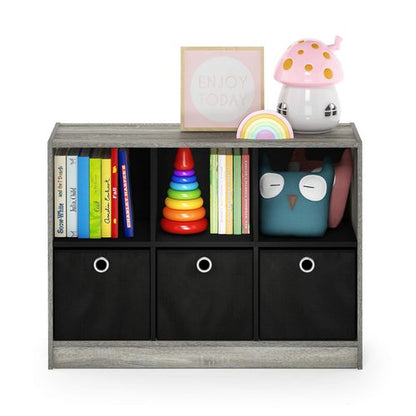 Furinno Basic 3x2 Cube Storage Bookcase Organizer with Bins, French Oak Grey/Black