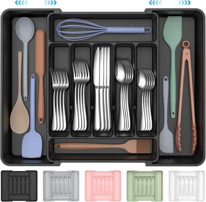 Ukeetap Extra Large Expandable Silverware Organizer - BPA-Free Cutlery Drawer Holder | Adjustable Black Design