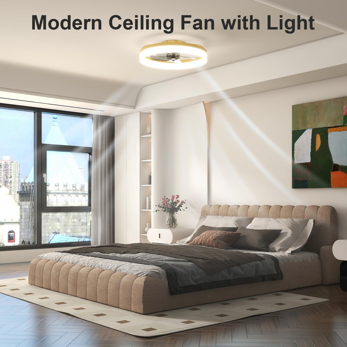 VOLISUN Low Profile Ceiling Fans with Lights and Remote, 19.7in Fandelier Ceiling Fan with Light, 3000K-6500K Dimmable Bladeless LED Fan Light, Gold Flush Mount Ceiling Fans with Lights for Bedroom