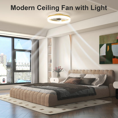 VOLISUN Low Profile Ceiling Fans with Lights and Remote, 19.7in Fandelier Ceiling Fan with Light, 3000K-6500K Dimmable Bladeless LED Fan Light, Gold Flush Mount Ceiling Fans with Lights for Bedroom