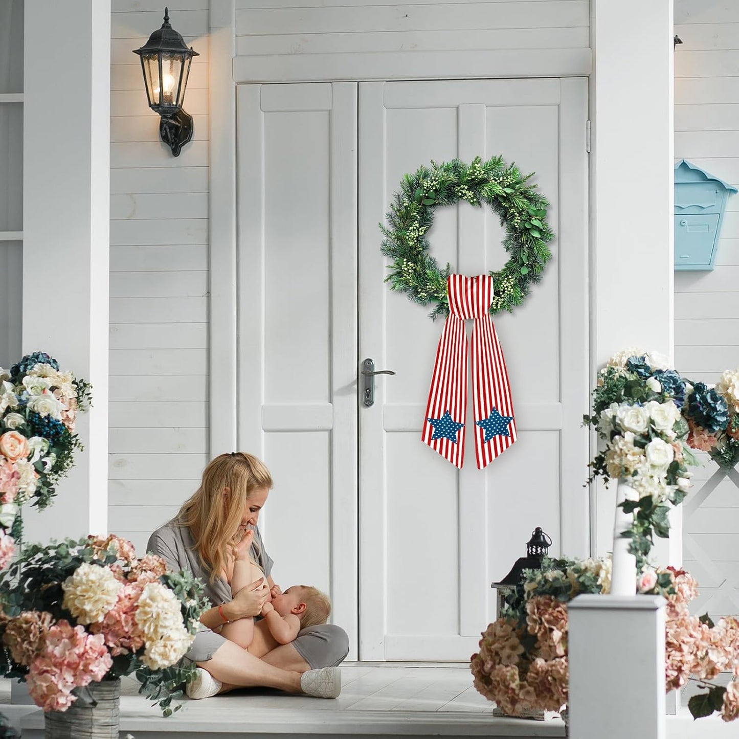 Regine Switzerland Patriotic Wreath Sash - Red White Stripe Star Design | 5.1 x 54.3" for 4th of July Decor