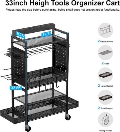 CCCEI Garage Power Tools Organizer Cart - Rolling Storage with Charging Station | Black Utility Rack for Tools