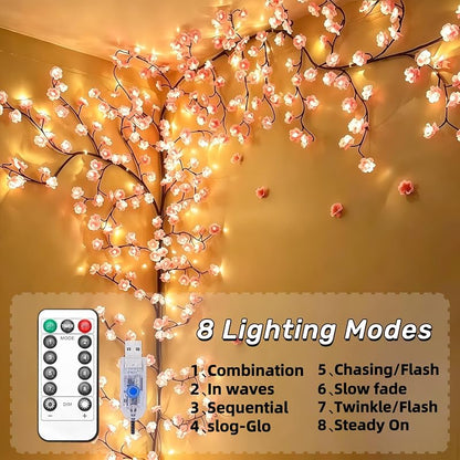 5.2 ft 72 LED Cherry Blossom Lights with Remote – DIY Bendable Pink Flower Vine (Variation: 72LED-5.2FT)