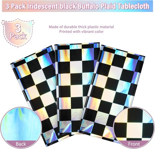 Checkered Plastic Tablecloths by Iridescent | Shiny Disposable Laser Rectangle Covers - 54x108 Inch for Parties