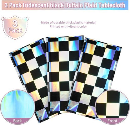 Checkered Plastic Tablecloths by Iridescent | Shiny Disposable Laser Rectangle Covers - 54x108 Inch for Parties