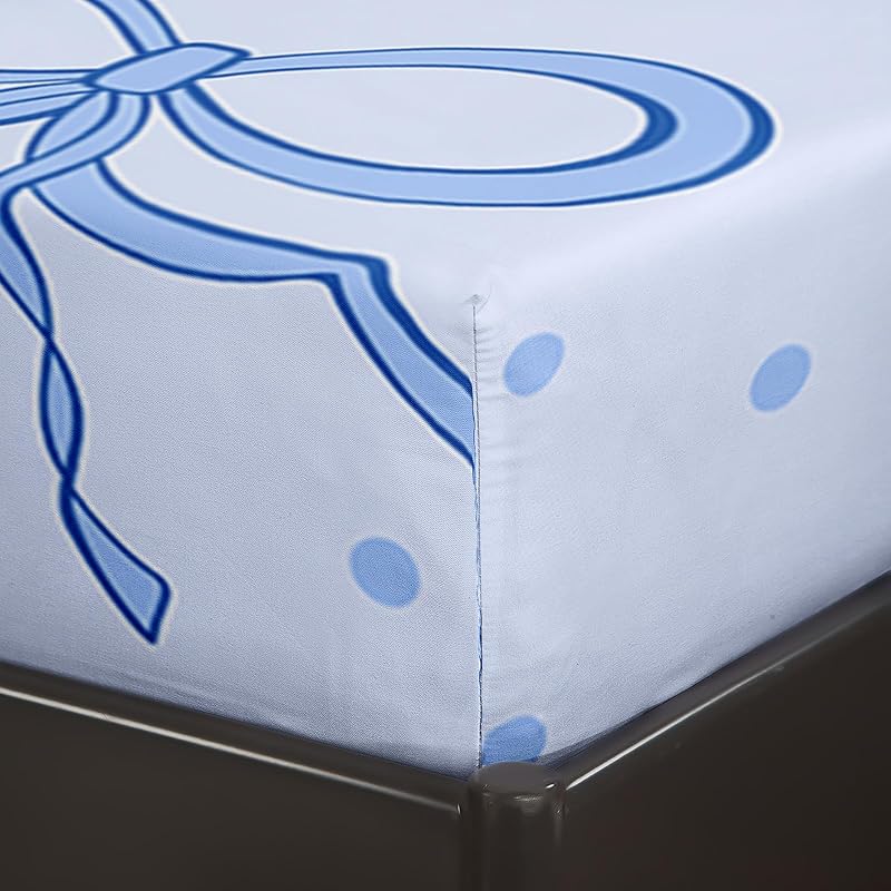 Bow Kids Sheets Set Full Size with Bowknot 16" Deep Pocket - Blue