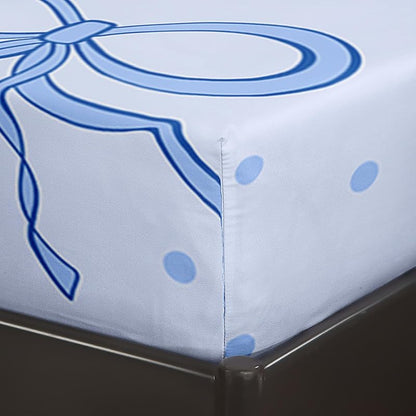 Bow Kids Sheets Set Full Size with Bowknot 16" Deep Pocket - Blue