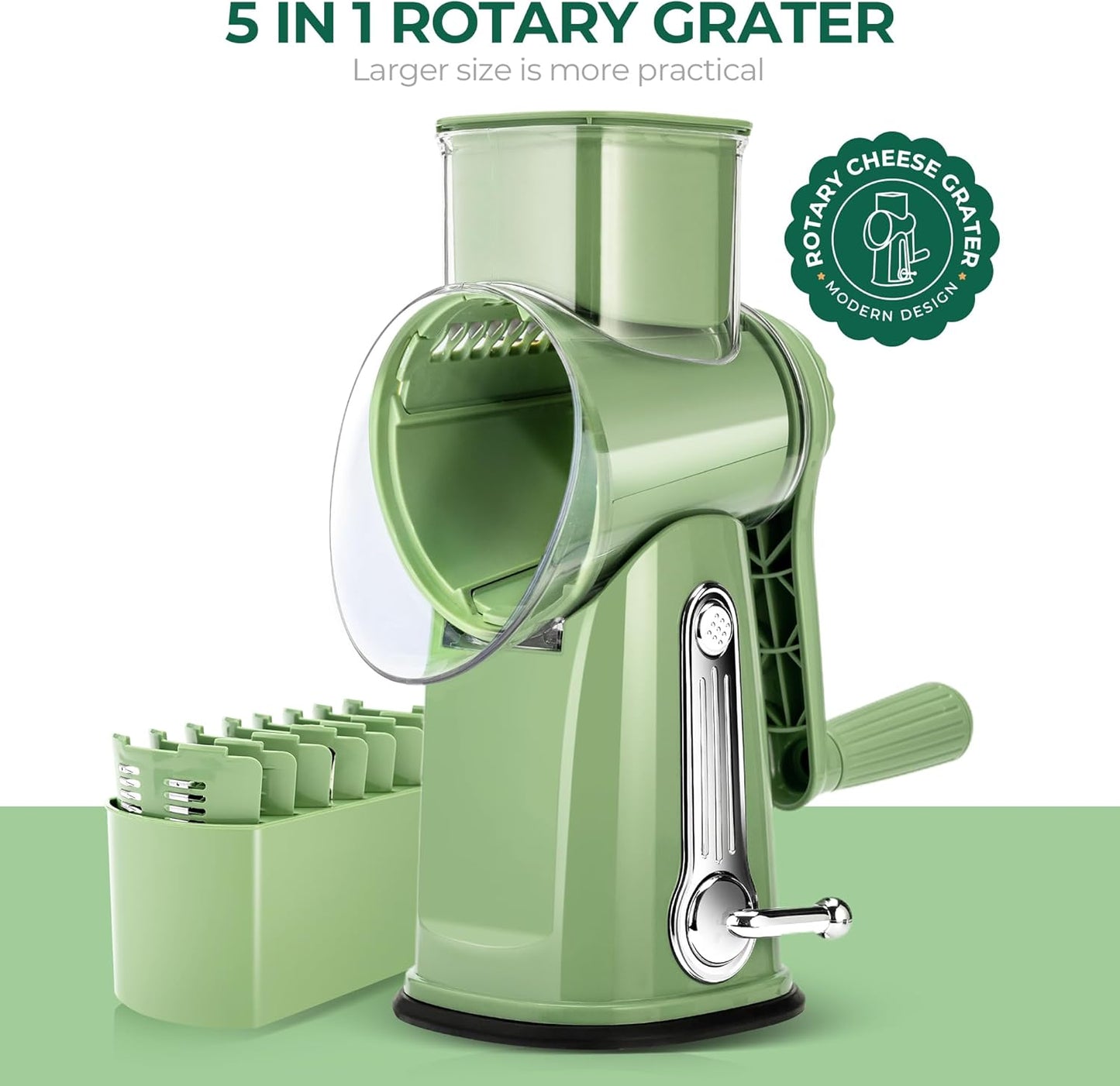 SUSTEAS Rotary Cheese Grater - Versatile Vegetable Shredder with 5 Blades & Strong Suction Base | Retro Green