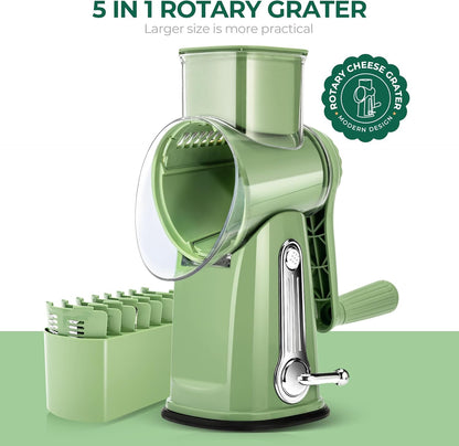 SUSTEAS Rotary Cheese Grater - Versatile Vegetable Shredder with 5 Blades & Strong Suction Base | Retro Green