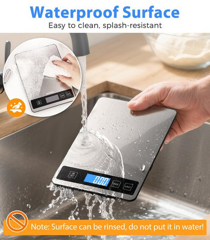 BakFee Food Scale - 15kg/33lb Rechargeable Digital Kitchen Scale with Full-View LCD Display, Grams and Ounces, Type-C or Batteries, Easy Clean Stainless Steel, for Baking, Cooking & Meal Prep, Black