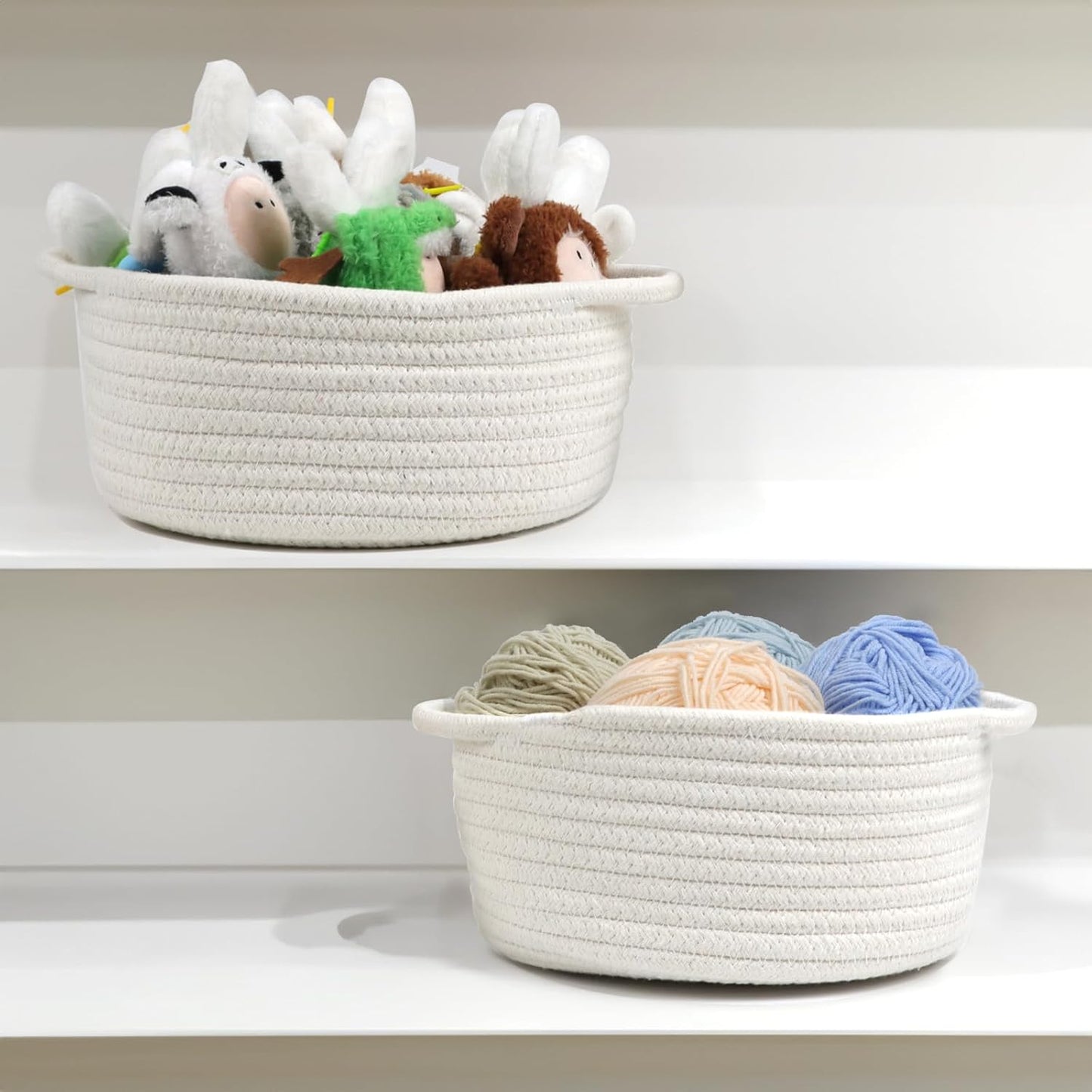 Small Woven Basket with Handle - Cute White Storage Bin for Organizing | Cotton Rope Nursery Gift Basket