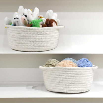 Small Woven Basket with Handle - Cute White Storage Bin for Organizing | Cotton Rope Nursery Gift Basket