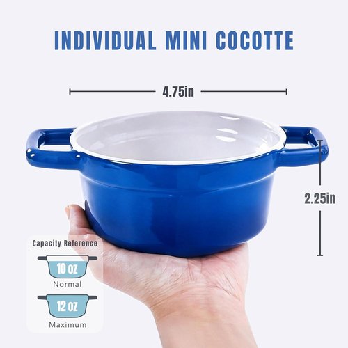 Lareina Mini Cocotte - 12oz Ceramic Casserole Dishes with Handles & Lid - Oven Safe Set of 4 - Blue