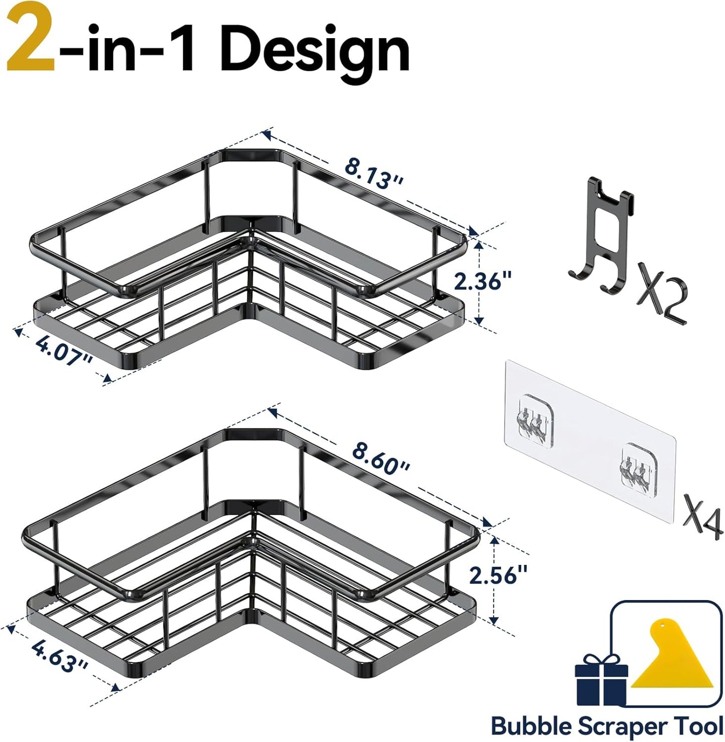 YASONIC Corner Shower Caddy - No Drill Adhesive Storage Shelves | Rustproof Stainless Steel, Black - 2 Pack with Hooks