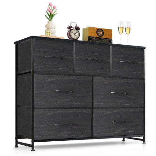 7-Drawer Dresser for Bedroom, Anti-Tip Wide Storage Organizer Fabric Chest of Drawers TV Stand for 45" TV with Wooden Top and Metal Frame for Closet, Living Room, Hallway, Entryway, Charcoal Black