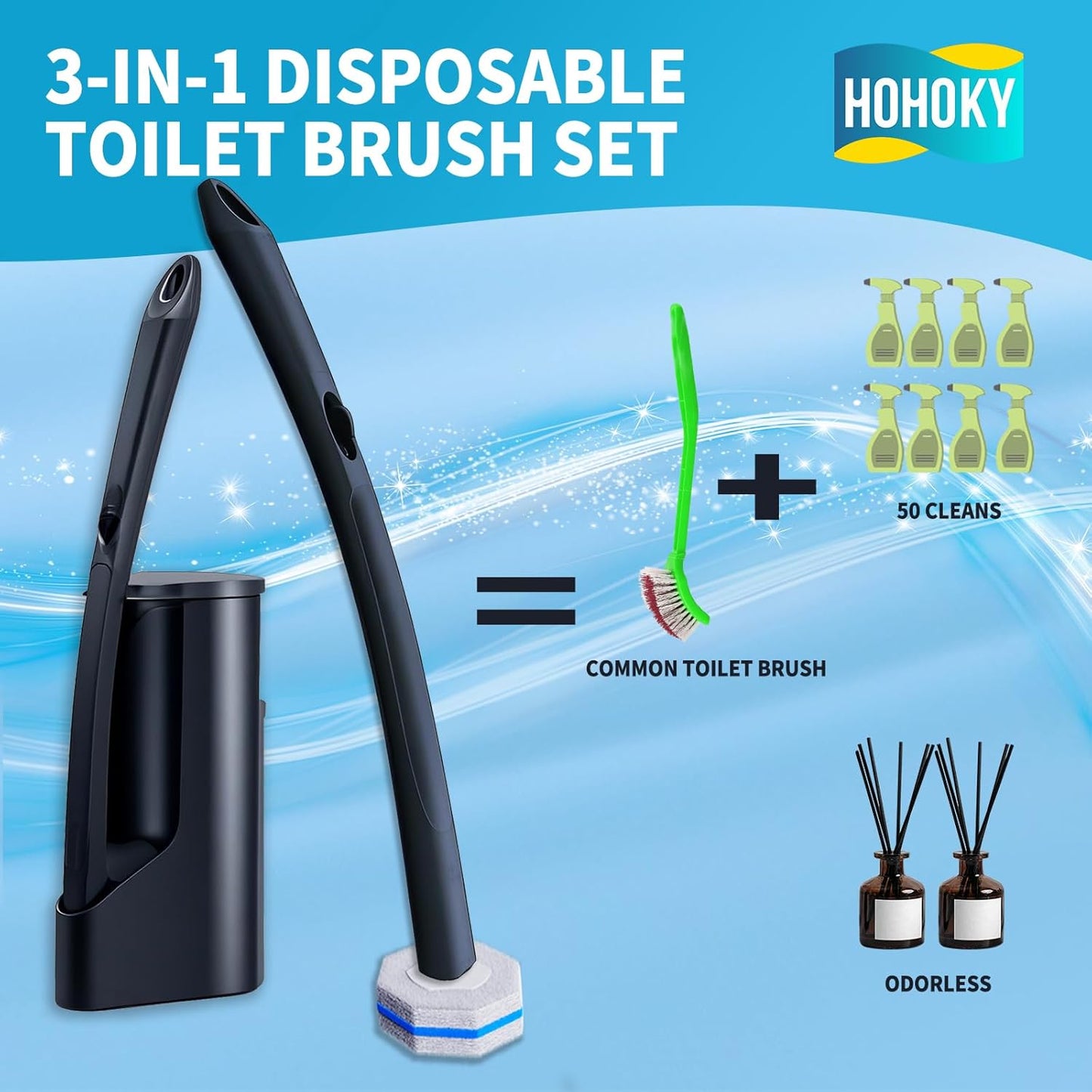 Skiennix Disposable Toilet Brush Set - 50 Cleaner Refills & Wall Mounted Holder | Bathroom Cleaning Kit