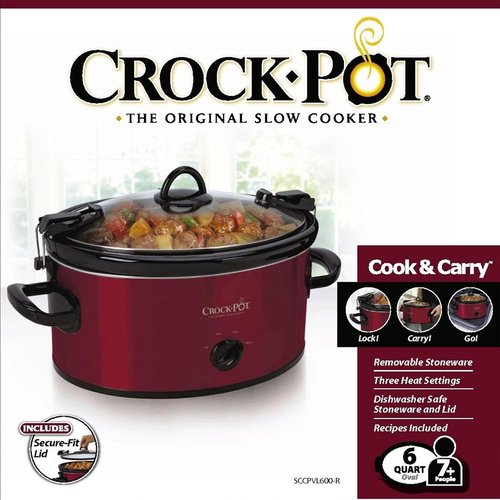 Crock-Pot 6-Quart Manual Portable Slow Cooker - Red Cook & Carry Design for Easy Transport