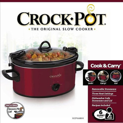 Crock-Pot 6-Quart Manual Portable Slow Cooker - Red Cook & Carry Design for Easy Transport
