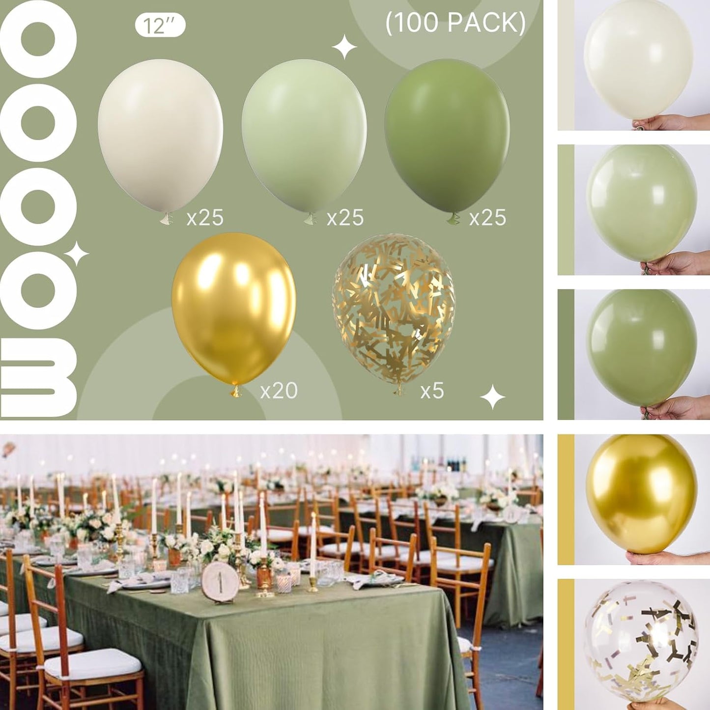 PartyWoo Sage Green Balloons - 100pcs 12 Inch Metallic Gold & White Confetti for Baby Showers & Weddings