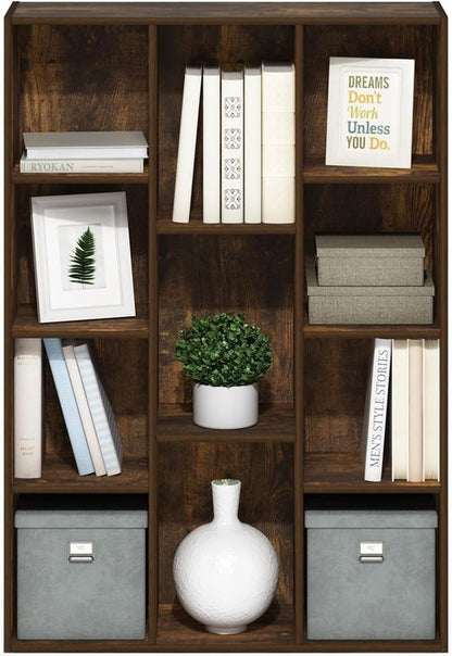Furinno LUDER Bookshelf - 11-Cube Reversible Bookcase for Easy Assembly | Amber Pine, 9.4 x 29.1 x 41.7