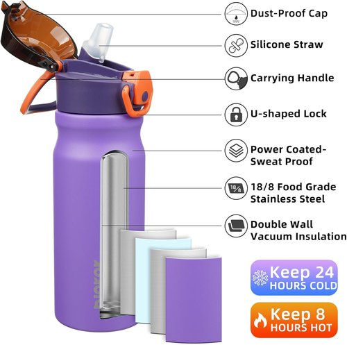 BJPKPK Stainless Steel Insulated Water Bottle - 18oz Reusable Thermal Flask with Straw Lid | Purple