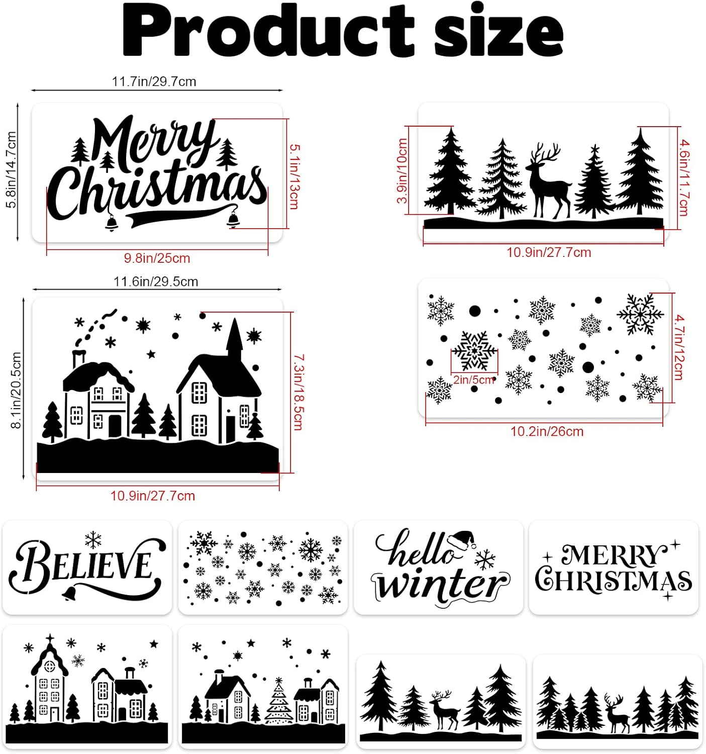 Skiennix Large Christmas Stencils - 12 Pcs Winter House, Snowflake & Pine Tree Designs for Painting on Wood, Glass & More