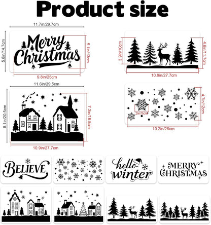 Skiennix Large Christmas Stencils - 12 Pcs Winter House, Snowflake & Pine Tree Designs for Painting on Wood, Glass & More