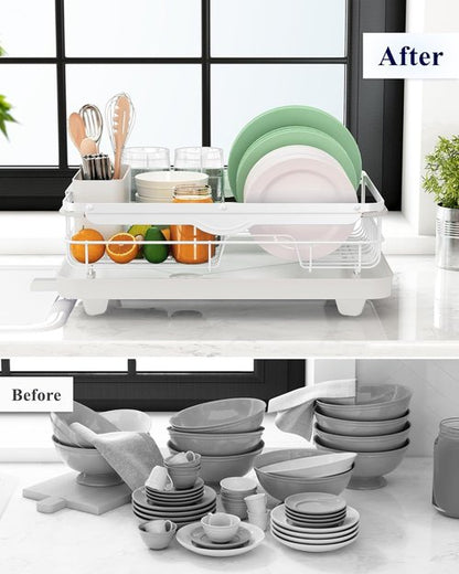 Kitsure Dish Drying Rack - Stainless Steel Kitchen Organizer with Cutlery Holder | 12.2''W x 15.7''~23''L, White