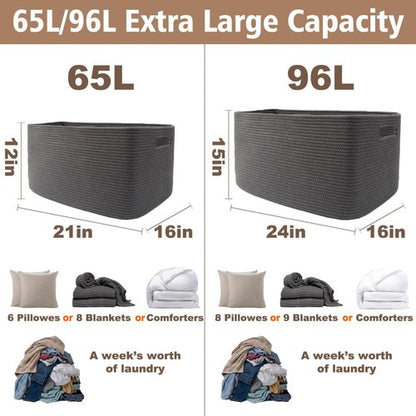 JMvicyroam Woven Blanket Basket,65L Large Storage Bin for Blankets Toys Clothes,Decorative Rope Basket for Living Room Bedroom with Handles, Grey