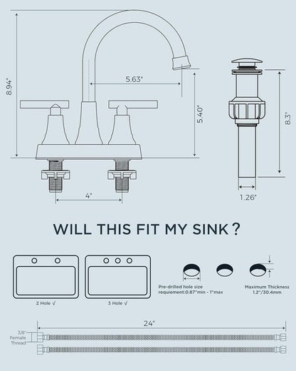 FORIOUS Matte Black Bathroom Faucet - 4-Inch Centerset Design with Pop-Up Drain & 360° Spout
