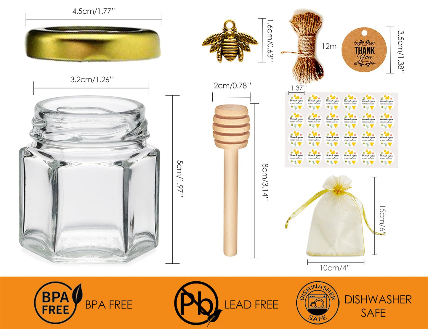 DnayDkiy 60 Pack 1.5oz Glass Honey Jars with Dipper - Gold Lids, Bee Pendants, Jutes, Thank You Cards, Gift Bags and Stickers- Perfect for Baby Shower Favors and Wedding Favors