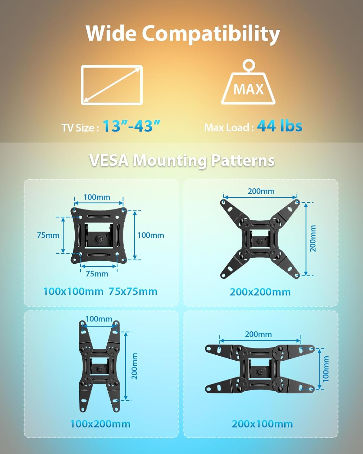 Pipishell Full Motion TV Wall Mount - LED Light & Music Sync for 13"-43" TVs Up to 44 lbs | PISF06B