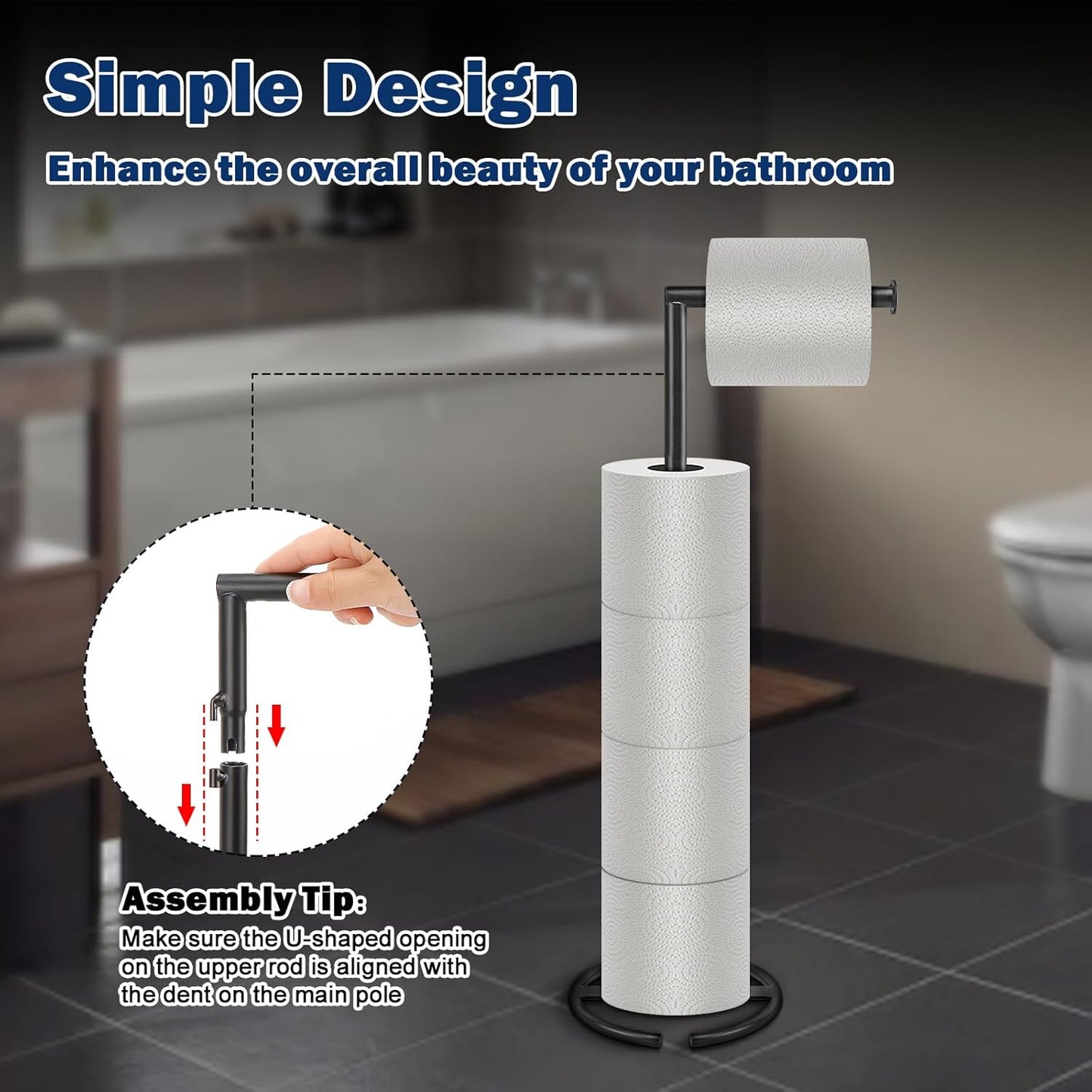 NearMoon Bath Toilet Paper Holder - Modern Standing Tissue Roll Holder with Rustproof Metal Base | Matte Black