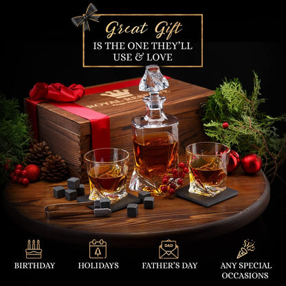 Whiskey Decanter Set by Royal Reserve – Whiskey Gift Set - Twisted Bourbon Decanter 34 oz 1000 ml with Glasses, Whiskey Stones, Coasters, Tongs – Whiskey Gifts for Men, Husband, Dad Christmas