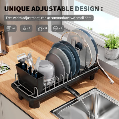 SanDream Dish Drying Rack - Stainless Steel with Removable Utensil Holder & Anti-Scratch Base | Space-Saving Design, Black