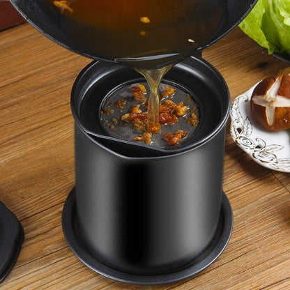 Cambom Bacon Grease Container - 1.3L Cooking Oil Can with Fine Mesh Strainer & Removable Coaster Tray - Black