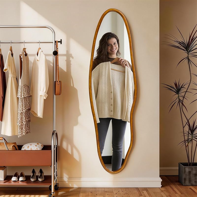 Irregular Full Length Mirror 63x18 in with Solid Wood Frame - Asymmetrical Wall Mirror